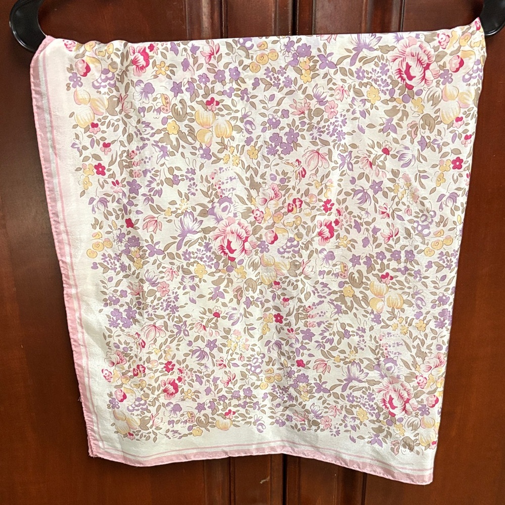 Floral Print Scarf with Pink Border 100% silk